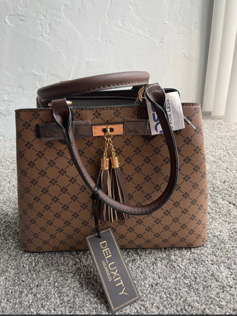 Brown Patterned Tote Bag with Tassel Accent